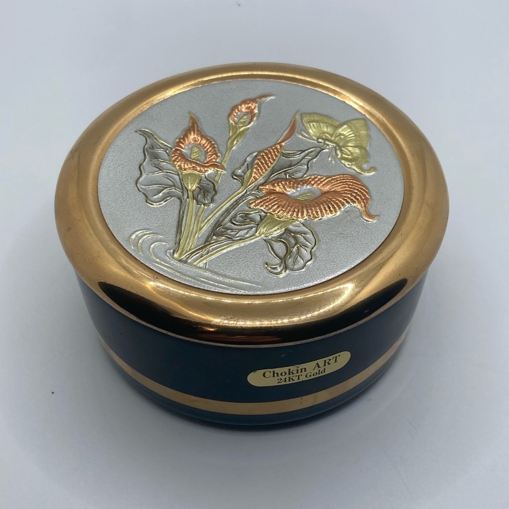 Vtg Chokin 24K Gilded Silver & Gold Japan Birds Flowers Ceramic Trinket Box 3.5”